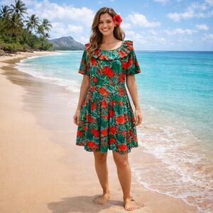 VTG 90s Handmade Tropical Floral Print Drop Waist Ruffle Collar Midi Dress Sz LG